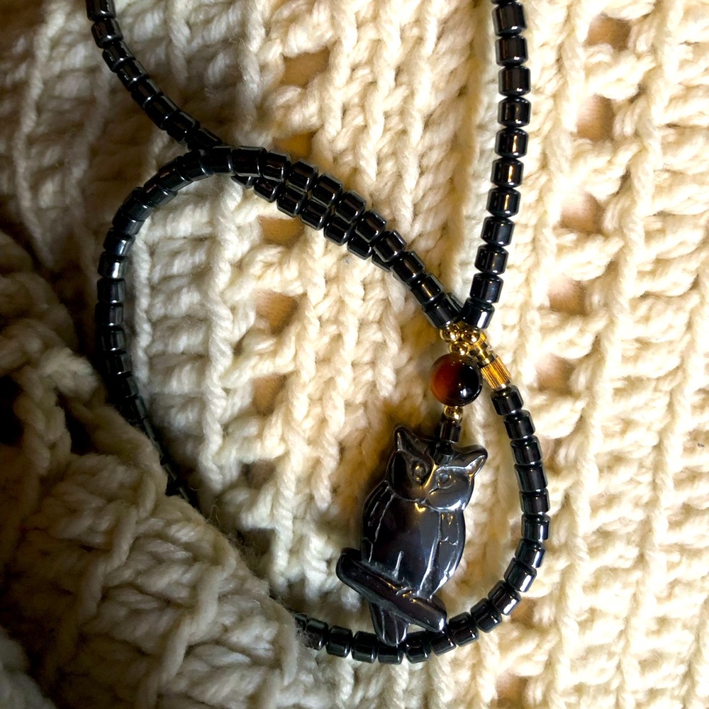 Vintage all Hematite Owl Necklace